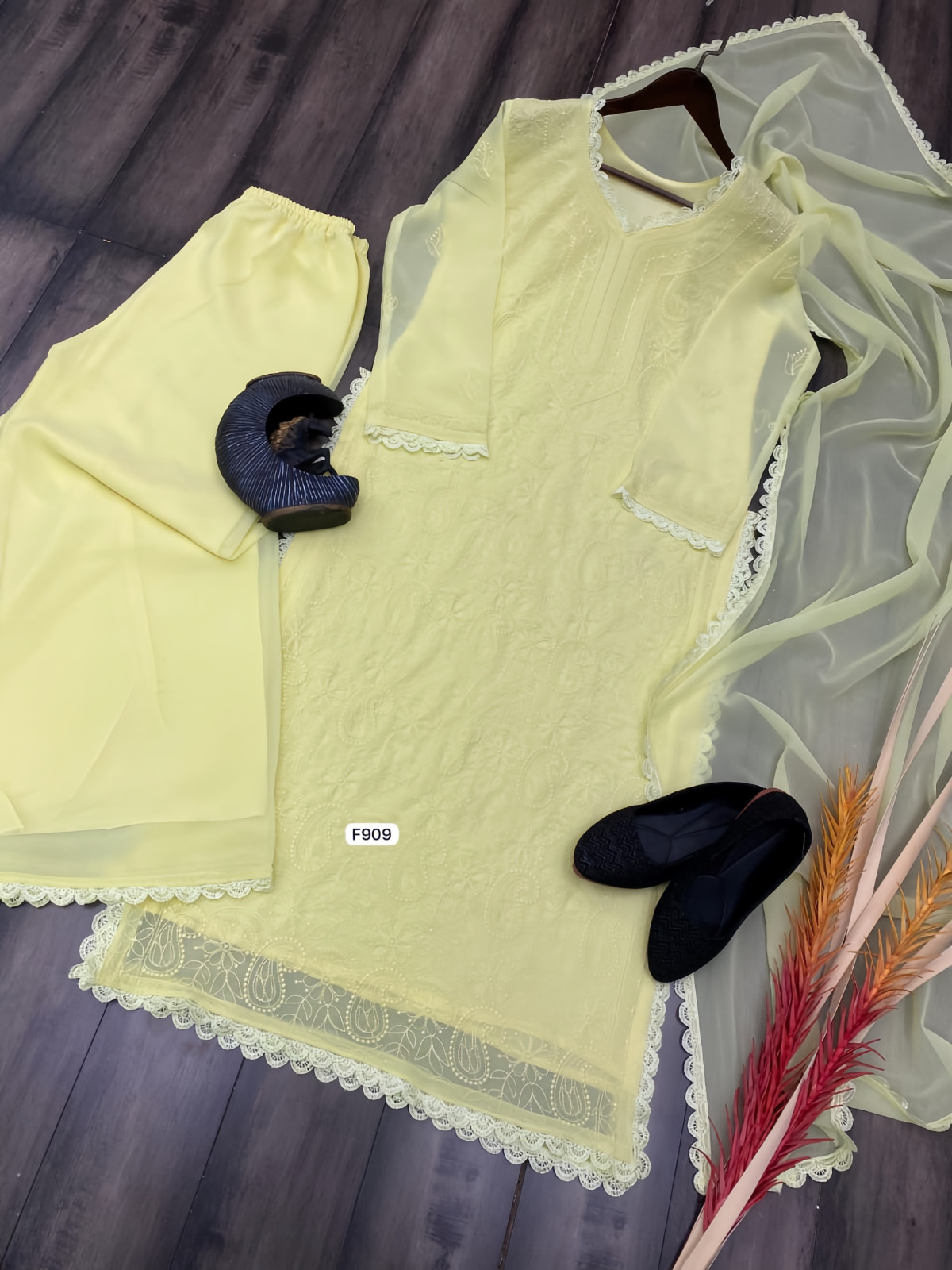 Georgette Embroidered Chikankari V Neck Kurta with Palazzo and Dupatta