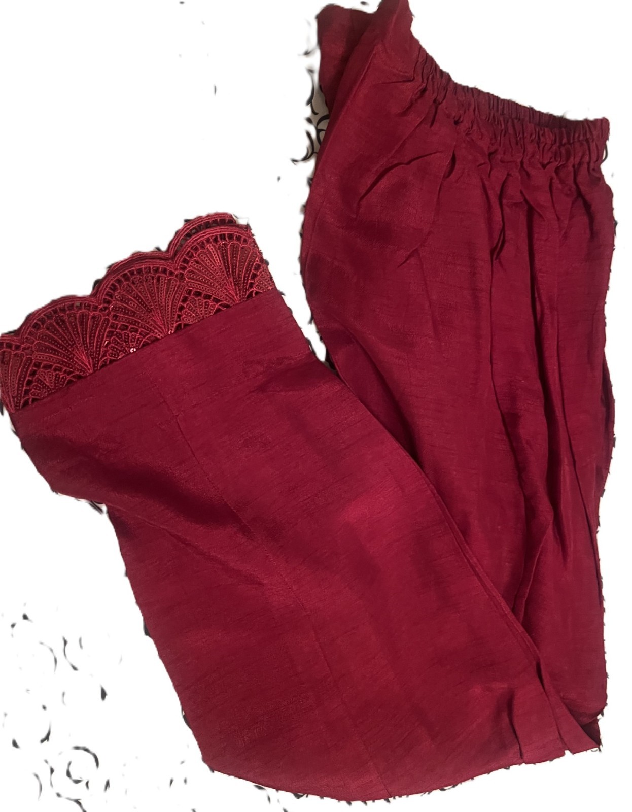 Ladies New Maroon sheer Poncho Caftan Cape style lace net tunic shirt & pants S