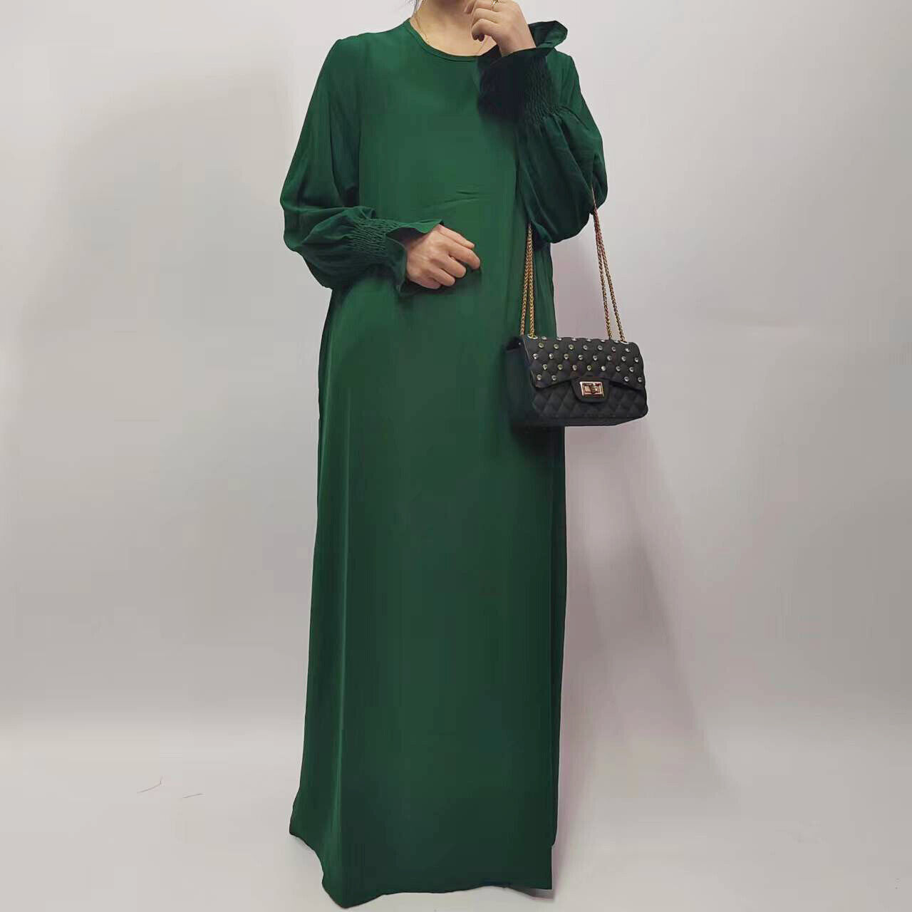 Muslim Women Solid Color Long Sleeve Abaya Loose Robe Simple Maxi Dress Kaftan