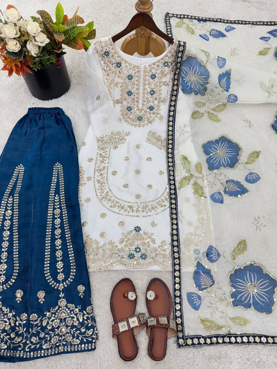 Latest New Silk Blue Kurta Palazzo With Dupatta For Indian Festival Wear