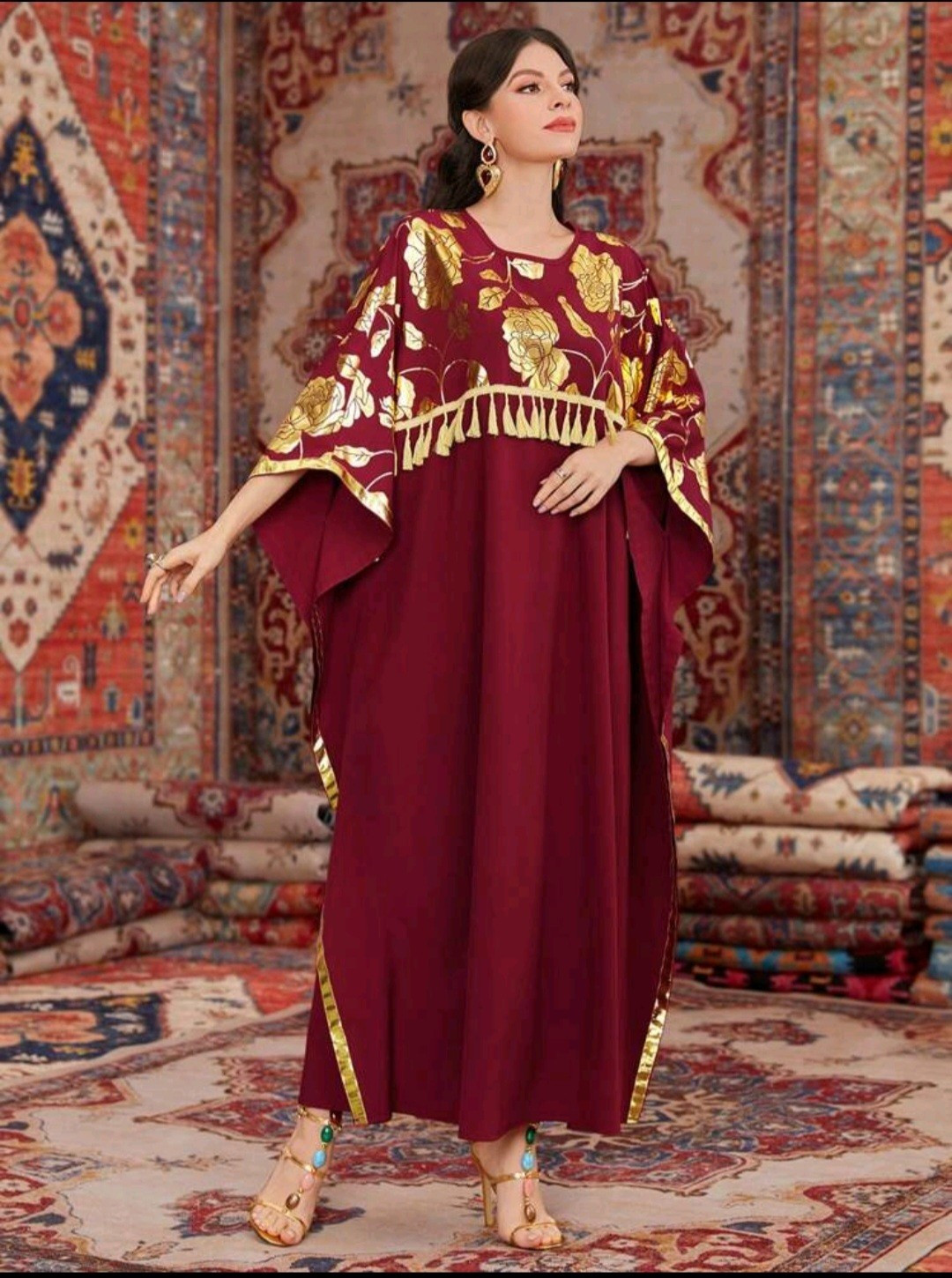 Handmade Women’s Burgundy/Gold Kaftan Maxi Dress, One Size, Floral, Fringe