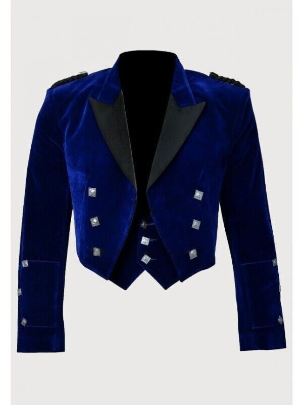Men’s Scottish Blue Velvet prince Charlie with 5 Button Vest wedding kilt jacket
