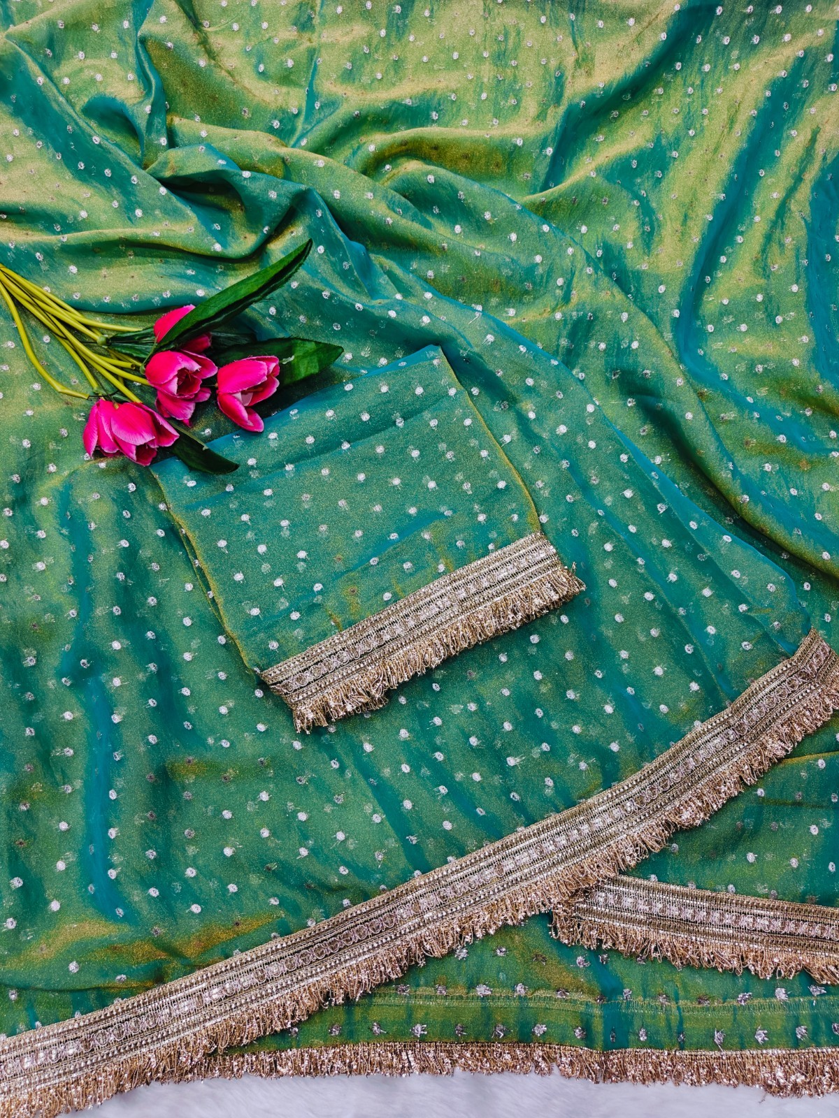 Shimmer Organza Silk Saree Heavy Golden Fringe Border Party Wear Sari Women Silk
