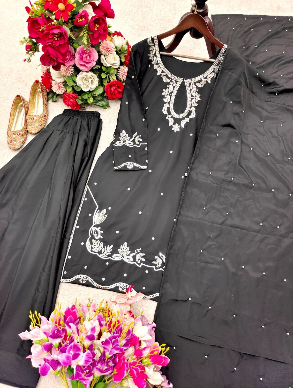 Women Readymade Natural Satin Farshi Palazzo Pakistani Party Wear Suit