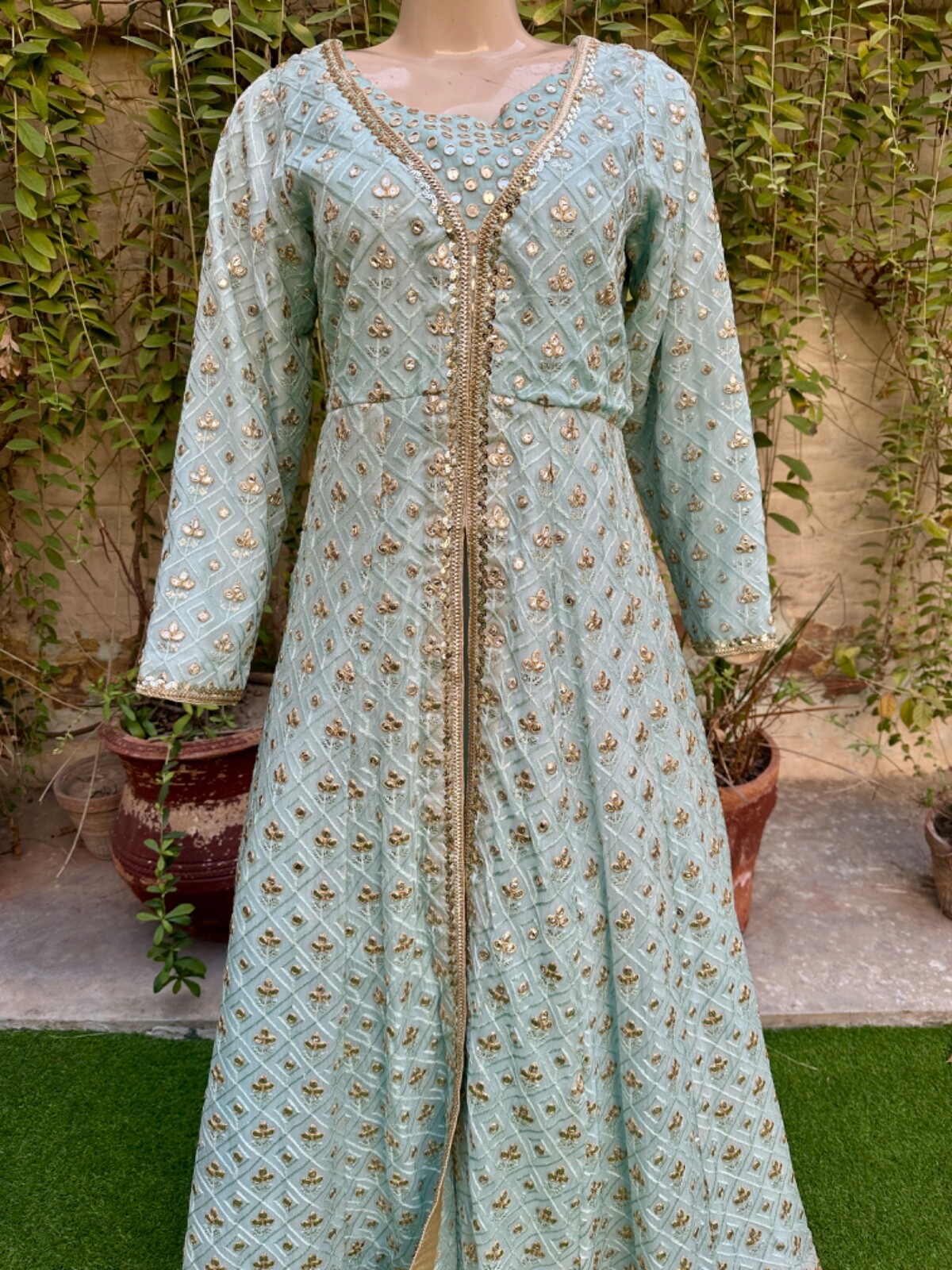 Pakistani Sky Blue double Long Maxi Style Embroidered Sequins Chiffon Dress,XL