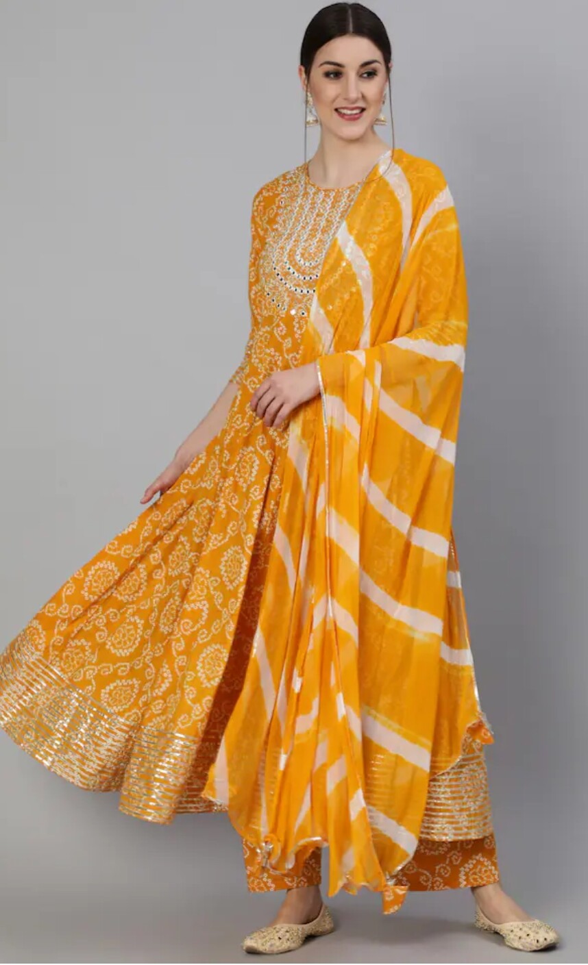 Mustard Yellow Bandhani print mirror work Anarkali Kurta with Palazzo & Dupatta
