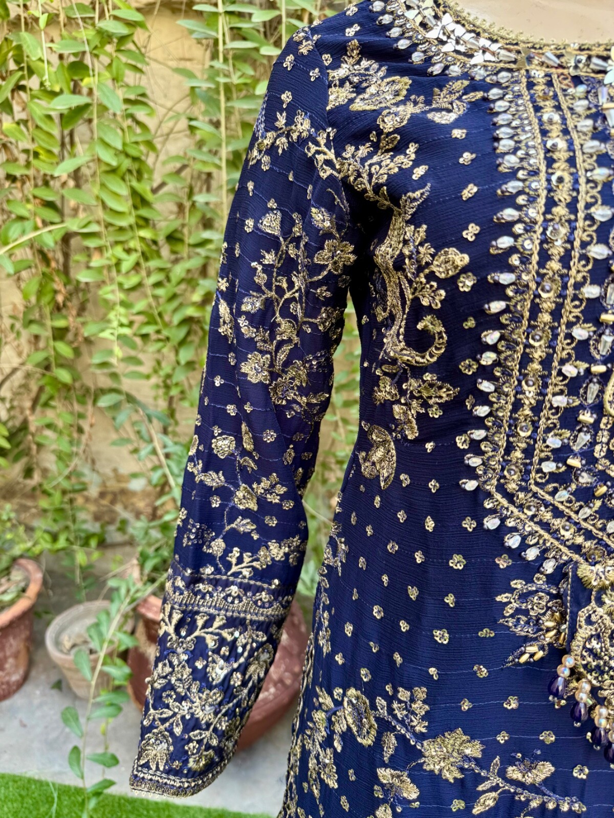 Pakistani Navy Blue Straight Style Embroidered Sequins Chiffon Sharara Dress,S