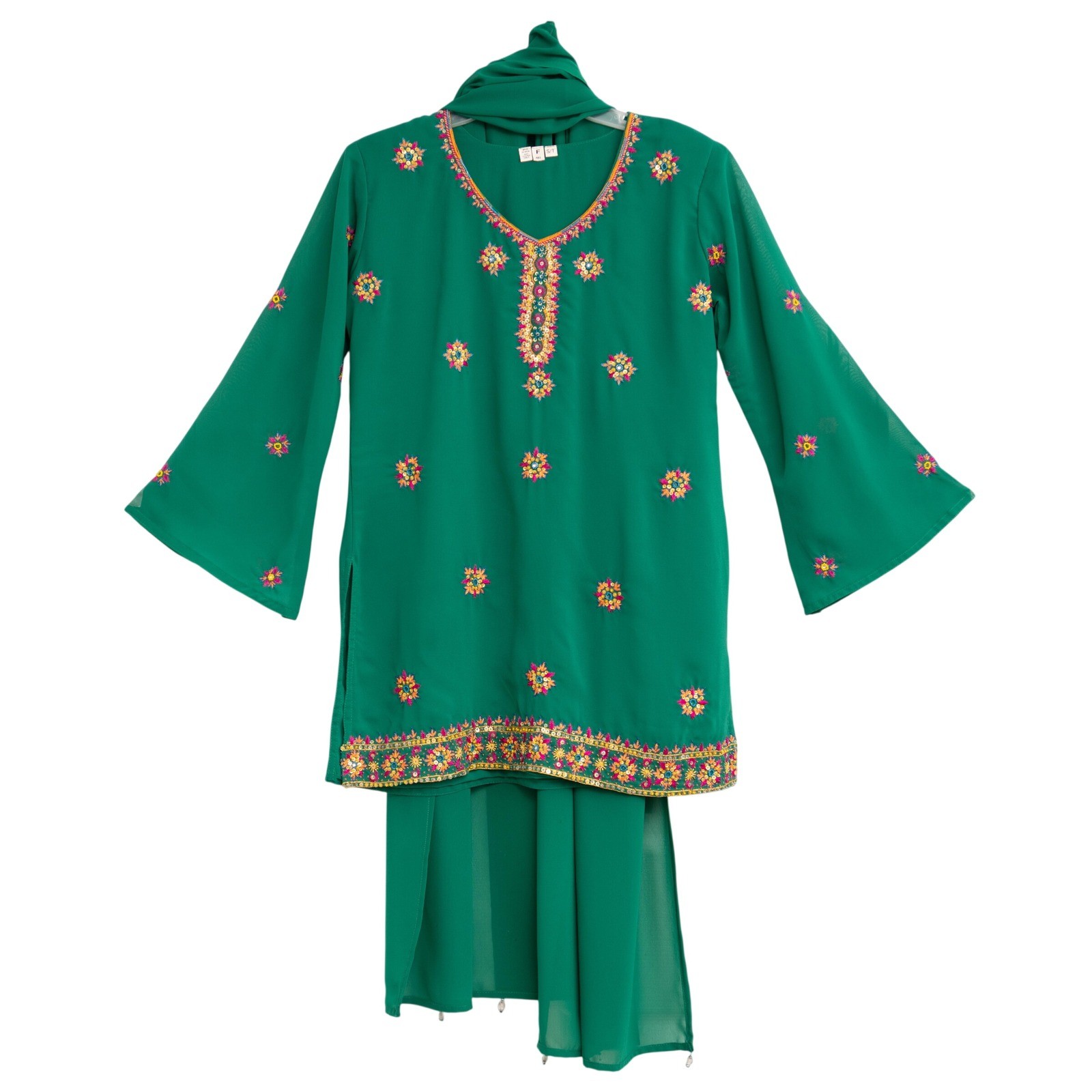 Embroidered Indian Kurta Sequin Top Dupatta Scarf Ballywood Ethnic Boho Beaded