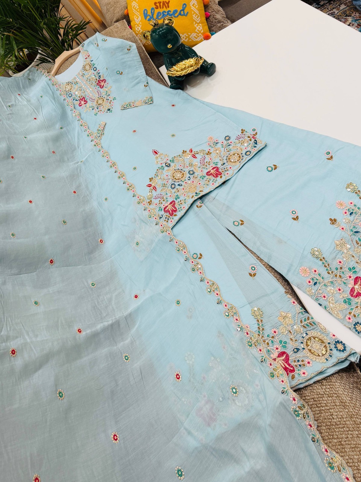 Latest Mal Chanderi Sky Blue Top Palazzo With Dupatta For Reception Wear