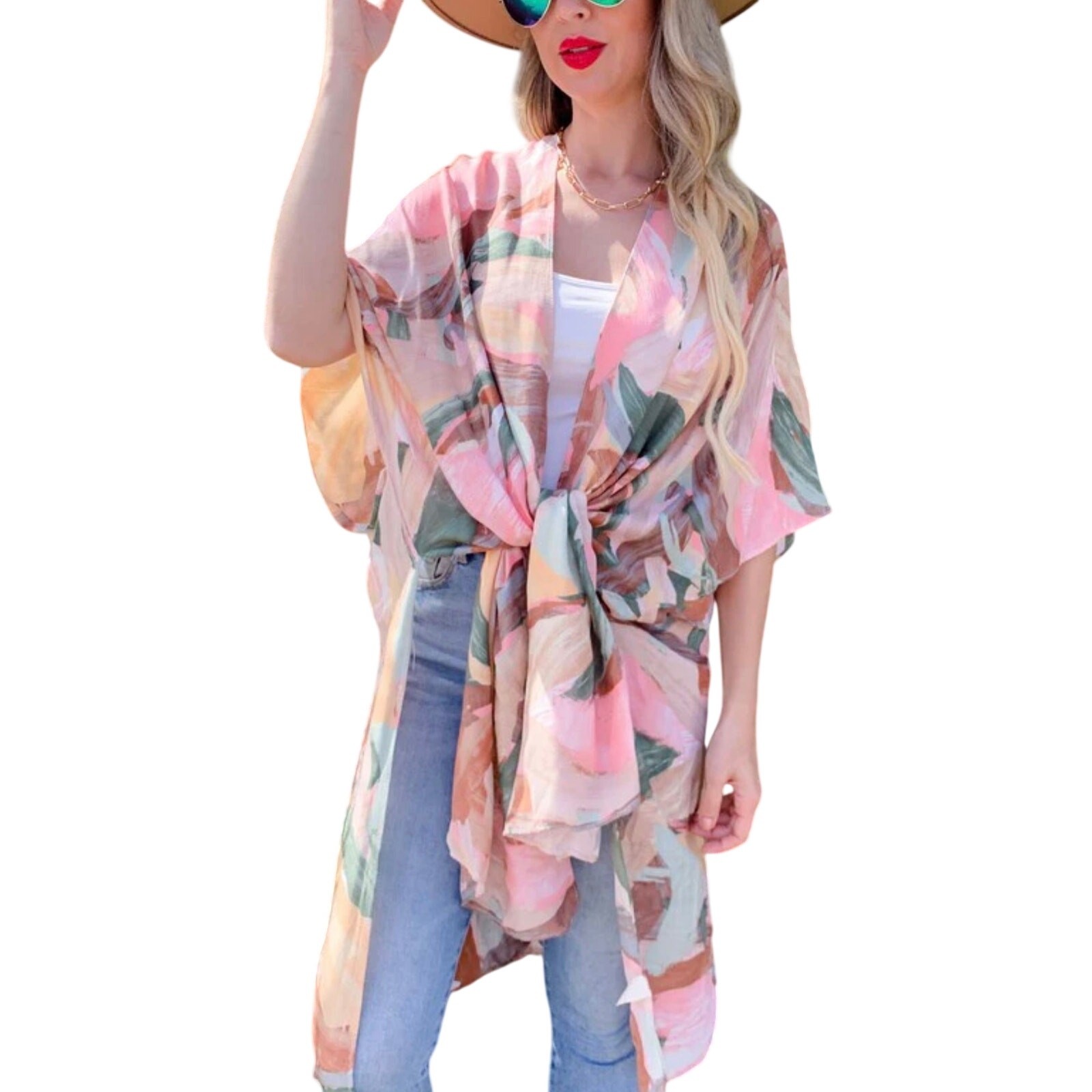 Pink Multi Printed Open Front Kimono Cardigan Cover Up One Size Fits