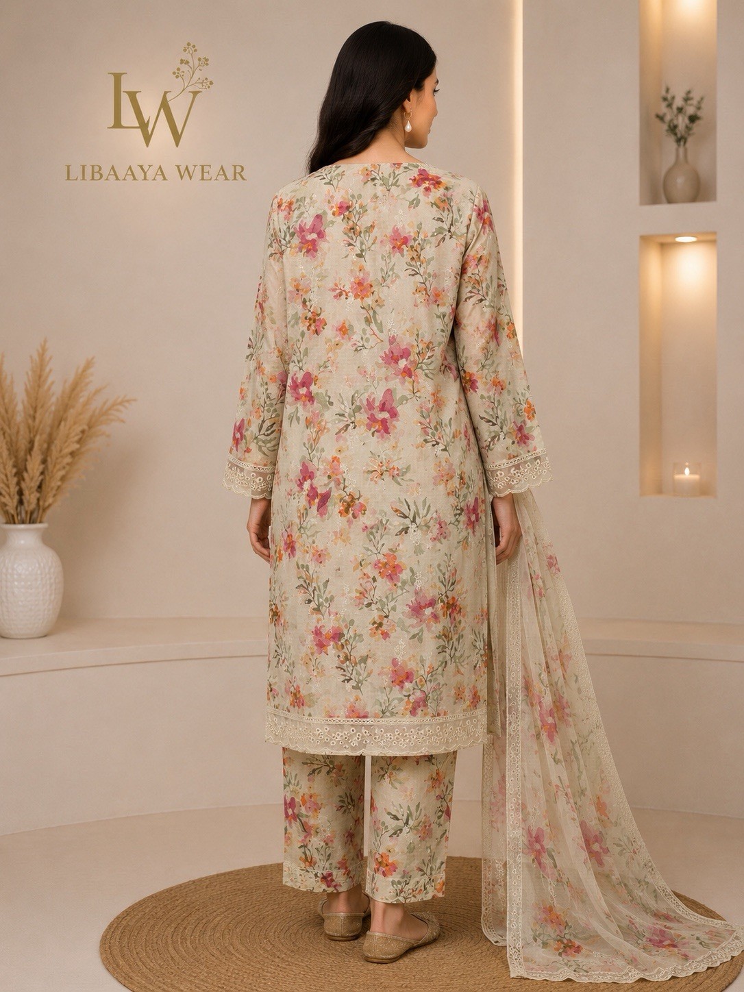 LIBAAYA Wear Women’s 3-Piece Lawn Salwar Kameez Dupatta Cream Floral L