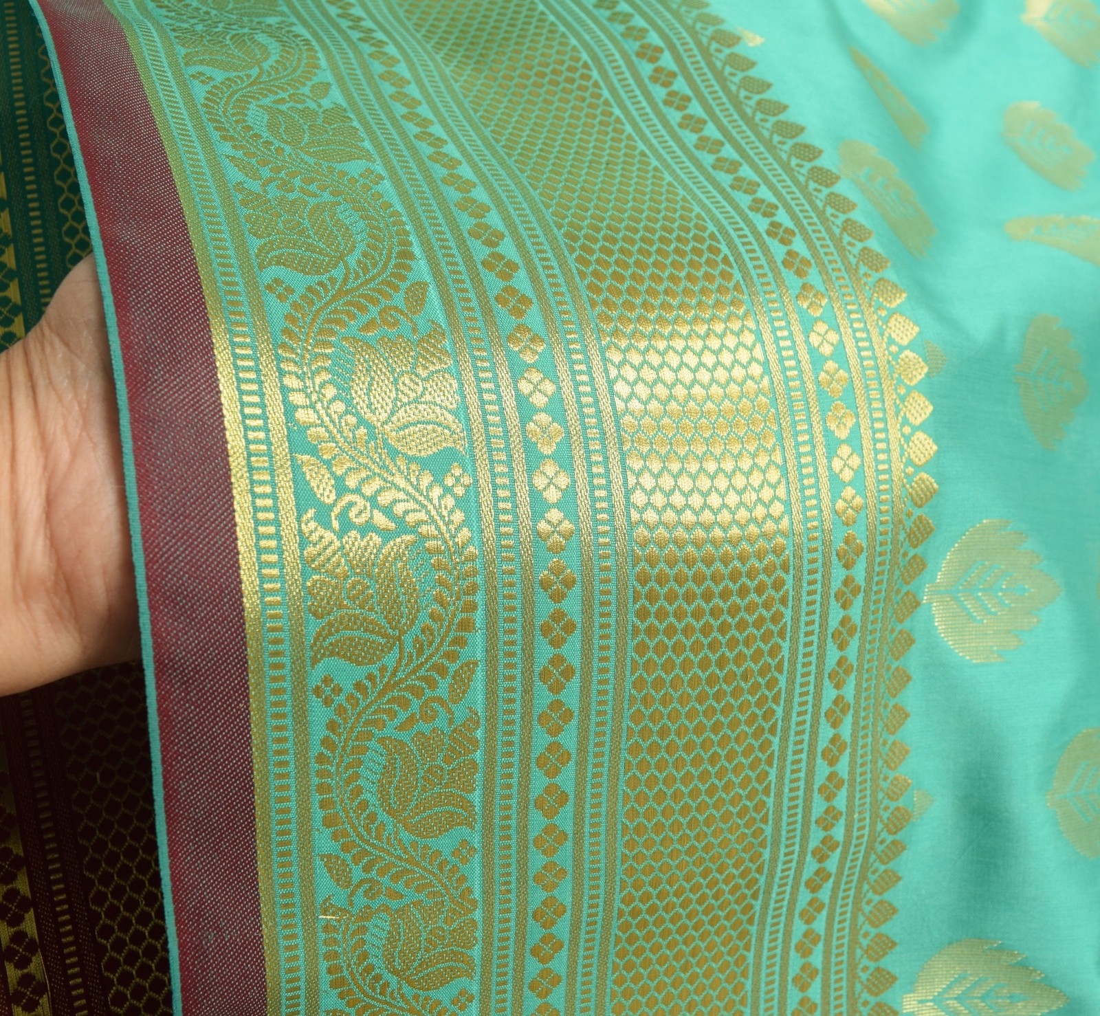 Banarasi Art Silk Saree with Blouse Fabric Aqua Green Leaves Gold Zari Weaving