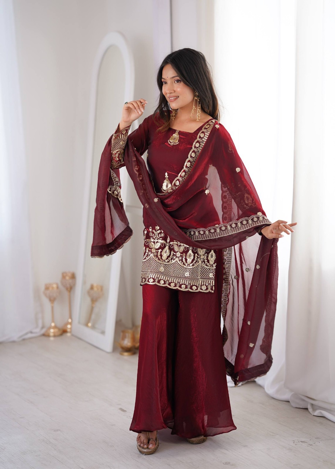 New Launch Silk Maroon Top Palazzo With Dupatta For Functional Wear