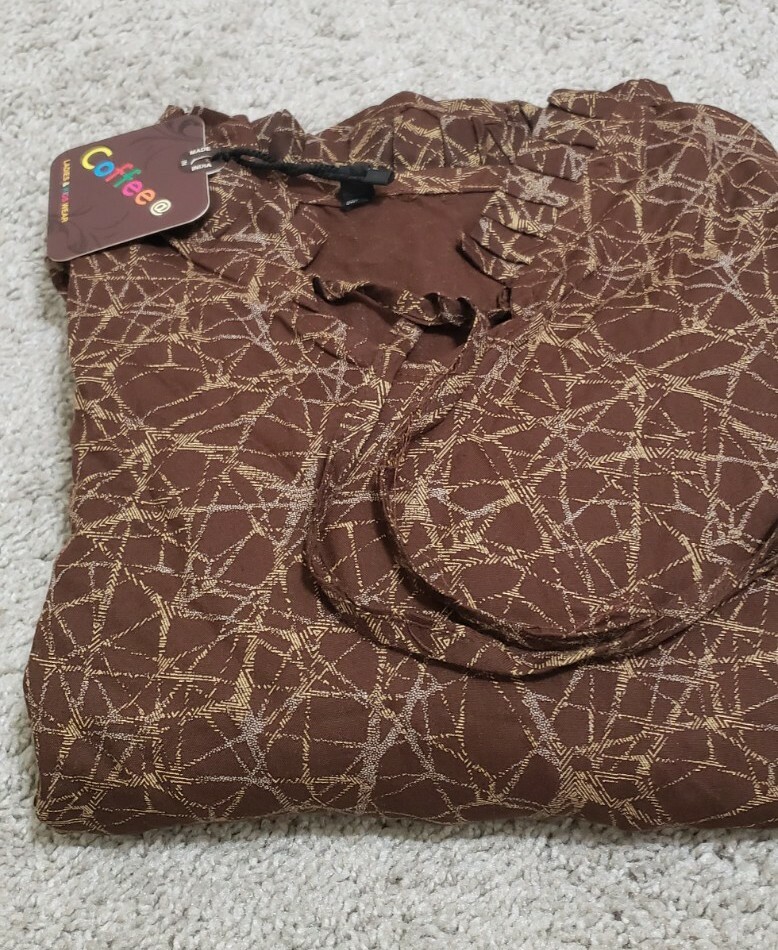 Indian Ladies Cotton long sleeve Ruffle neck Brown Kurti Size S To M