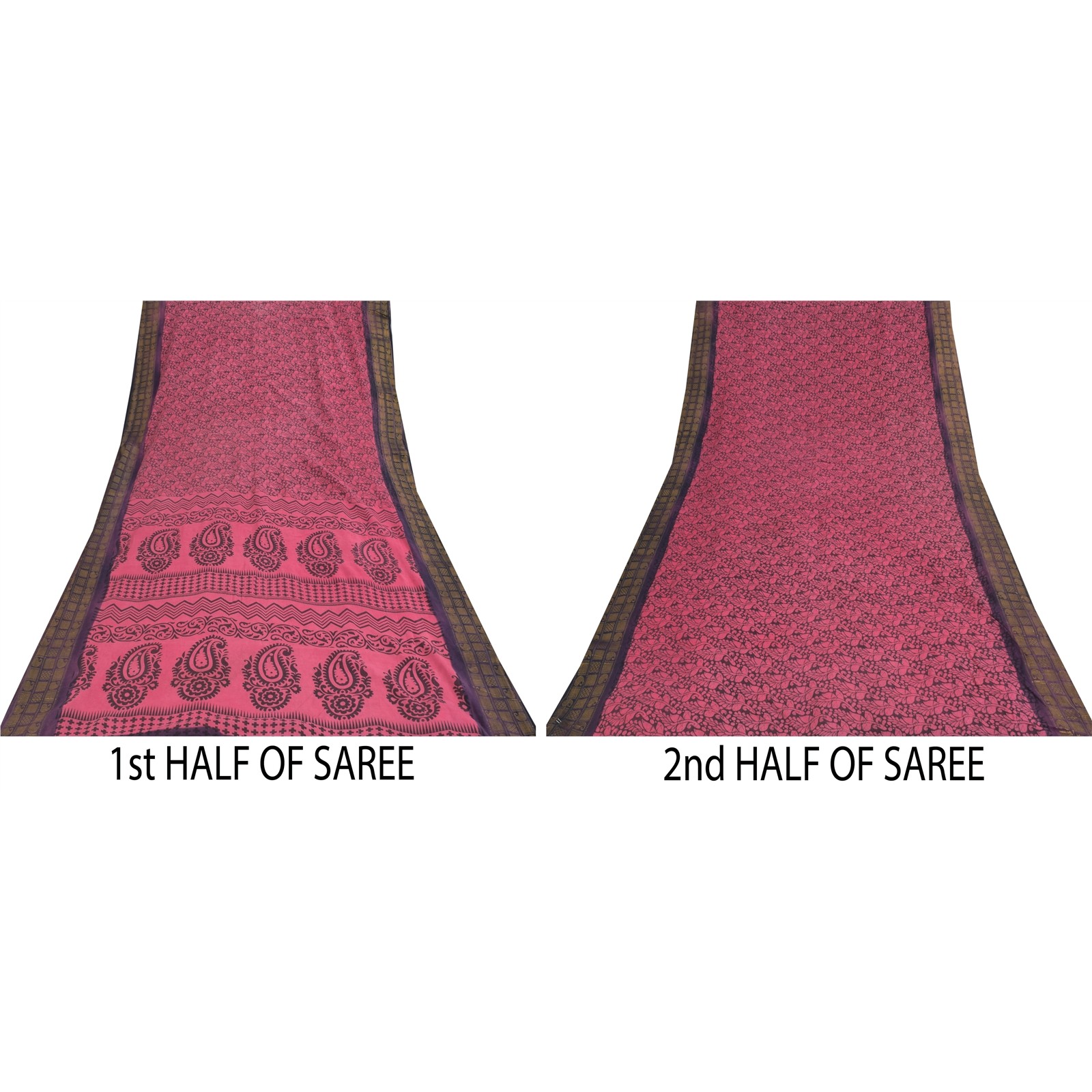Sanskriti Vintage Sarees Pink & Black Block Print Zari Pure Cotton Sari Fabric