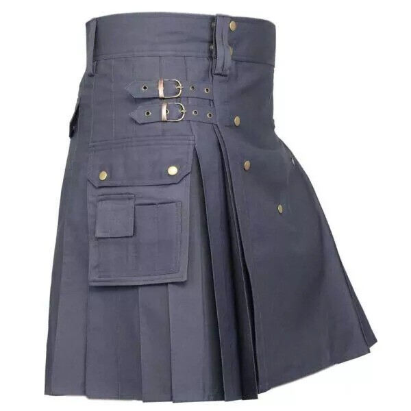 Men’s Scottish Utility Kilt Grey Cotton Cargo Pockets Skirt Highland kilt