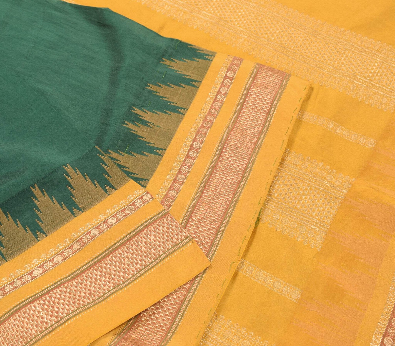 Sushila Vintage Green and Yellow Sari Pure Kanchipuram Silk temple border Saree