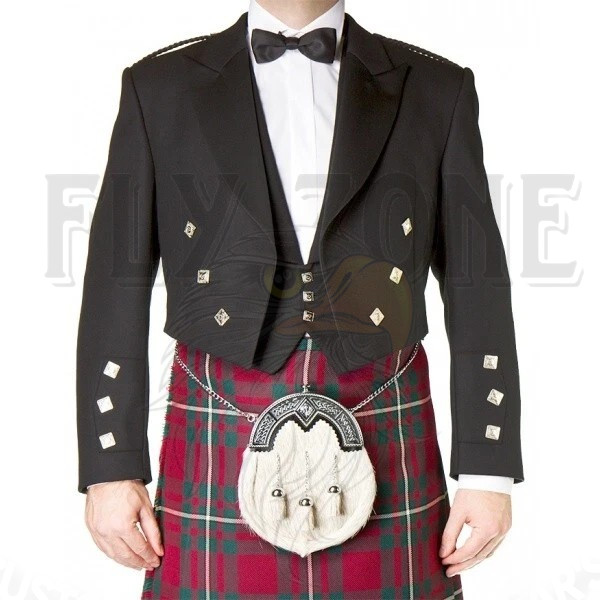 Scottish Prince Charlie Kilt Jacket Black Serge Wool + 3 & 5 Button Waistcoat