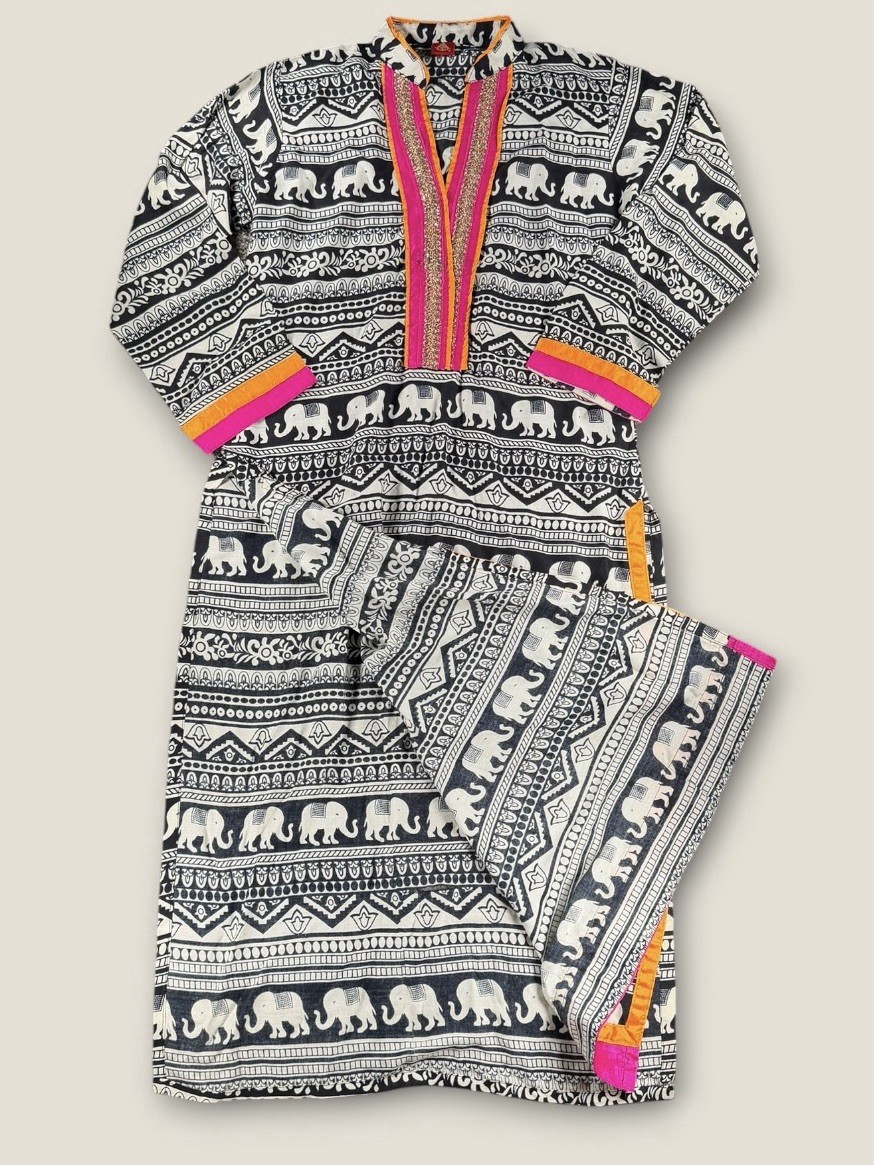 SM Indian Kurta Tunic Dress Sz S Black White Elephant Pink Embroidered