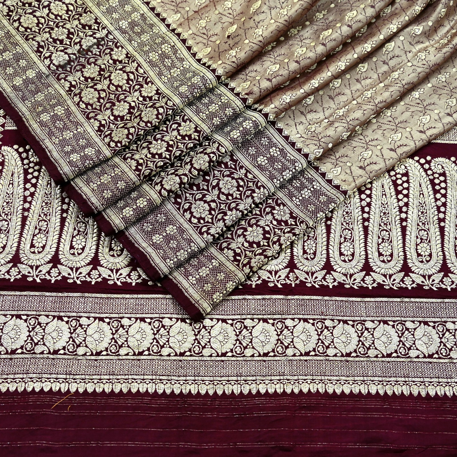 Vintage Banarasi Brocade Saree Heavy Sari Pure Satin Silk Woven Fabric 5Yd Zari