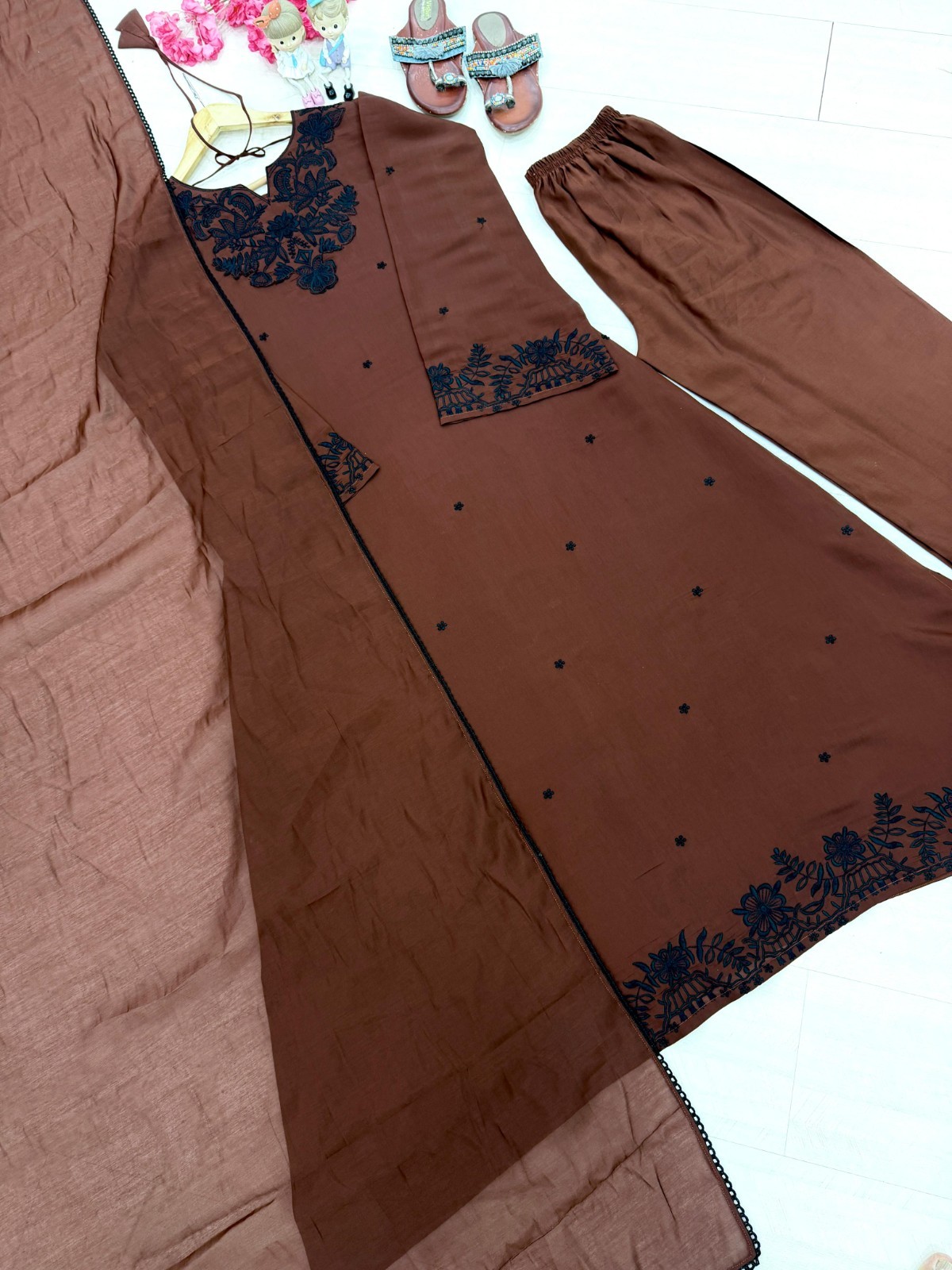 Pakistani Designer Satin Kaftan Dress with Palazzo & Dupatta Set wedding ethnic