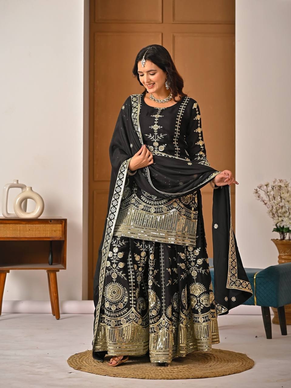 Stunning Heavy Vichitra Silk Black Top Palazzo With Dupatta For Women Wear