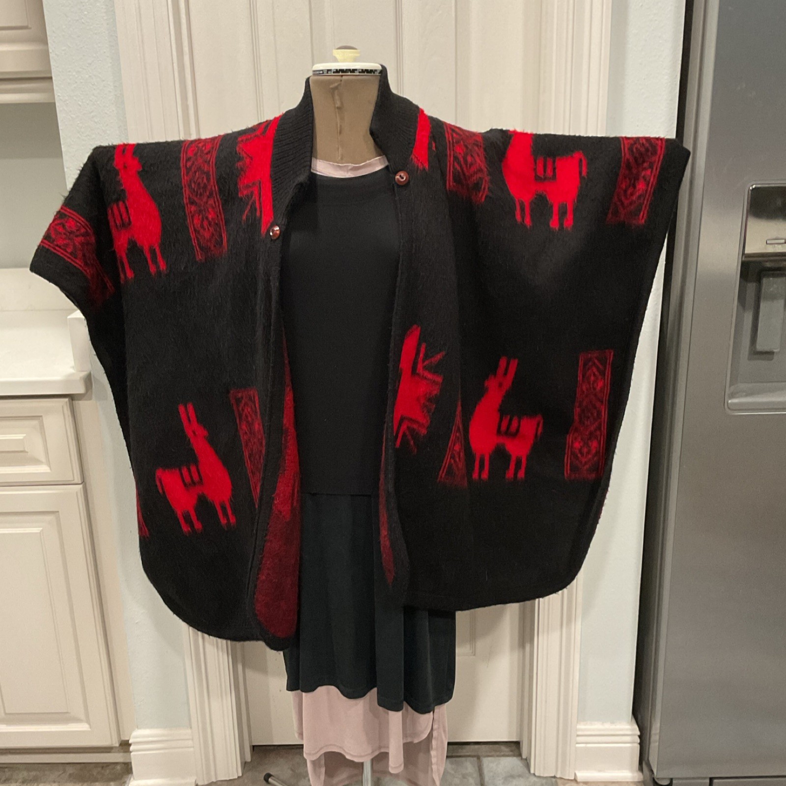 Handmade Black and Red Wool Poncho Latin American Andean Llama Motifs One Size