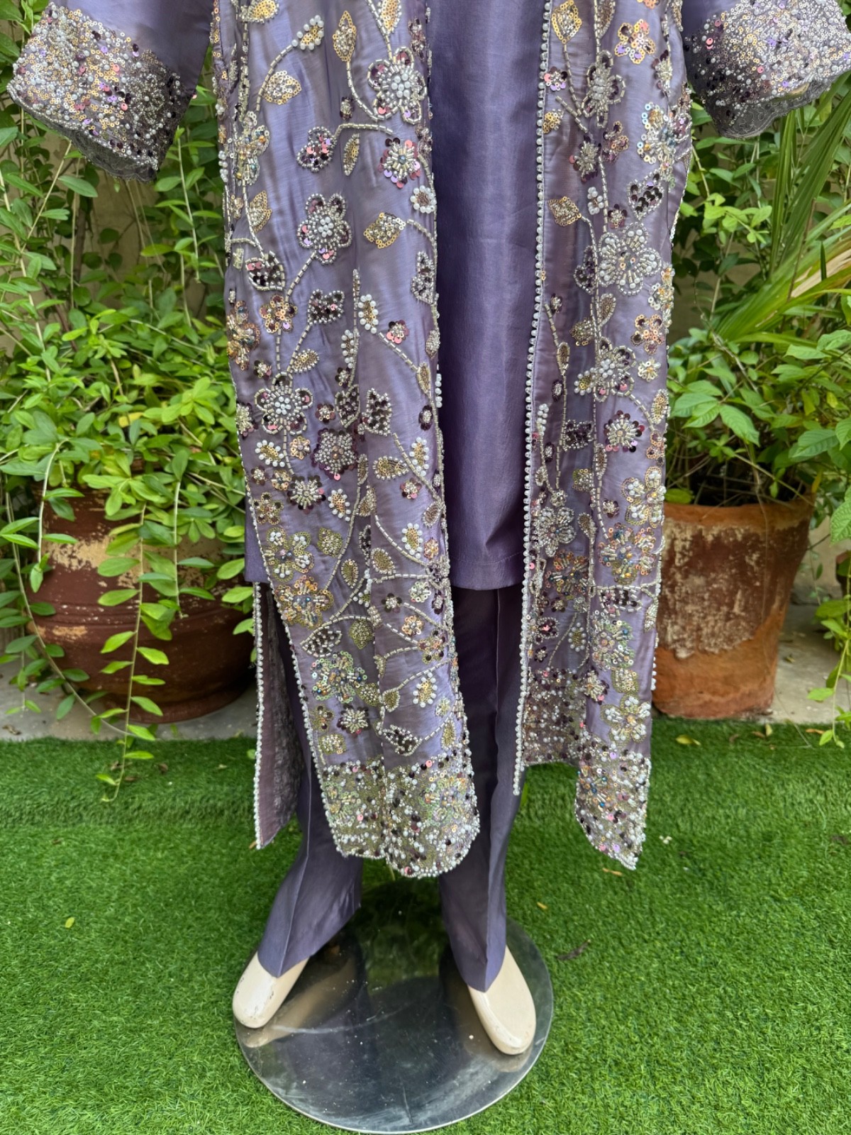 Pakistani purple silk long Gown shirt Style Embroidered Sequins Dress,L