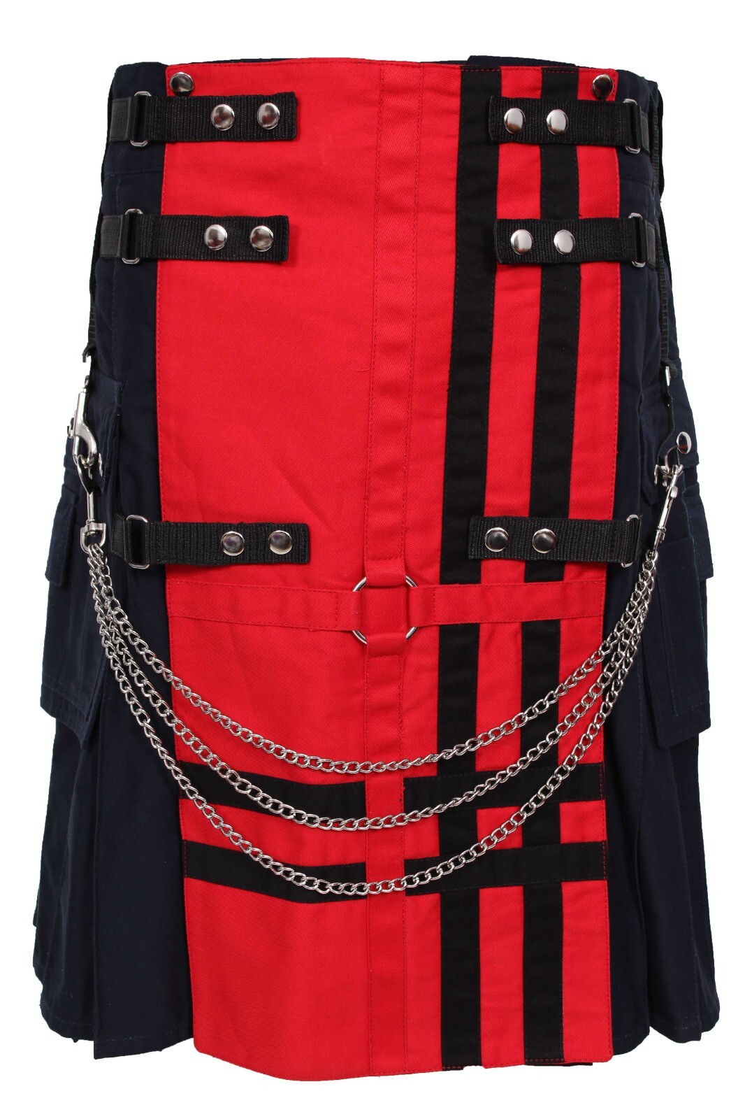 TRUESAGA – Red & Navy Deluxe Utility Fashion Kilt with Chain 100% Cotton 16-oz