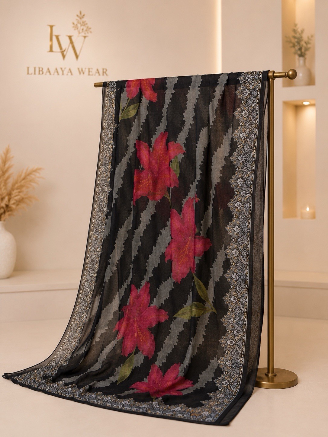 LIBAAYA WEAR Women’s 3-Piece Salwar Kameez Black/Gray Zigzag L Chiffon