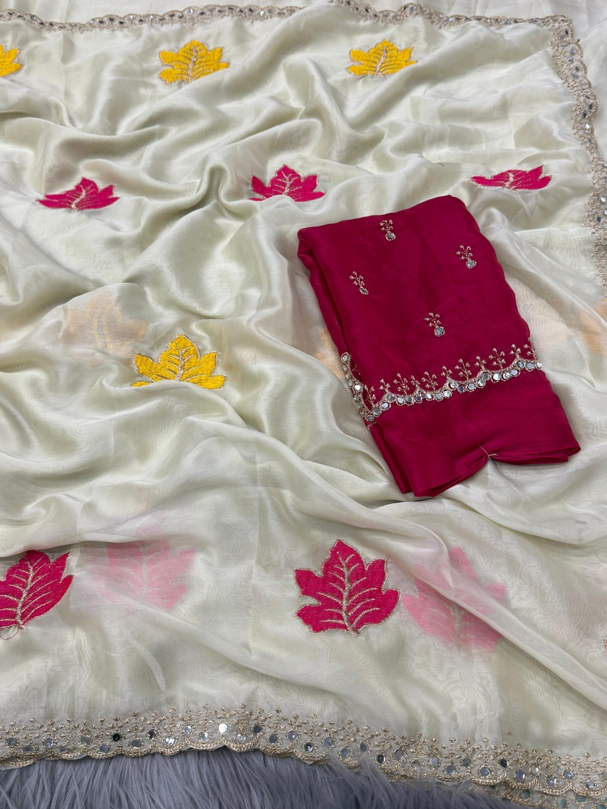 Chiffon Saree Mirror Work Sequin Embroidered Indian Party Wear Women Blouse Set