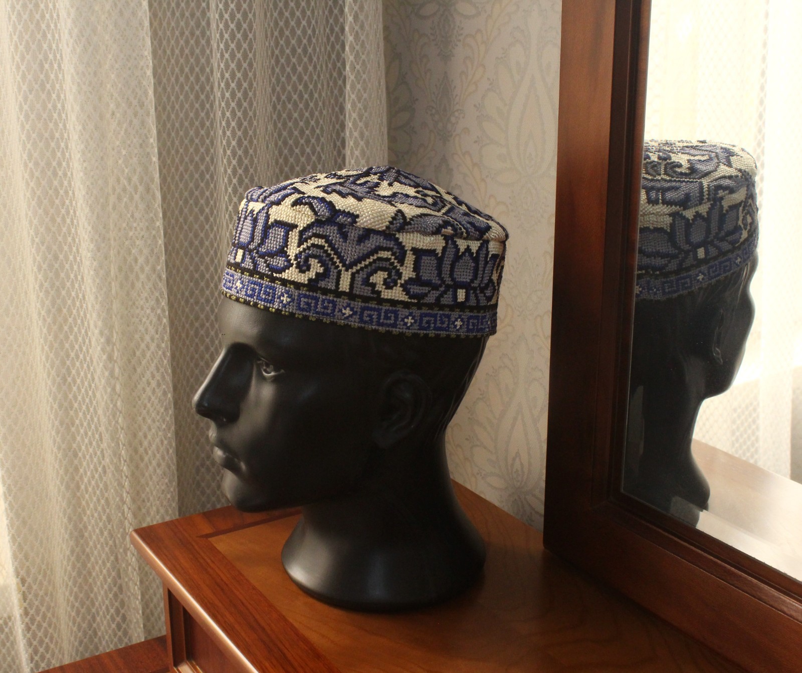 Uzbek Embroidered Skull-cap 23.2″/59cm Traditional Kufi Hat Ethnic Doppa Unisex