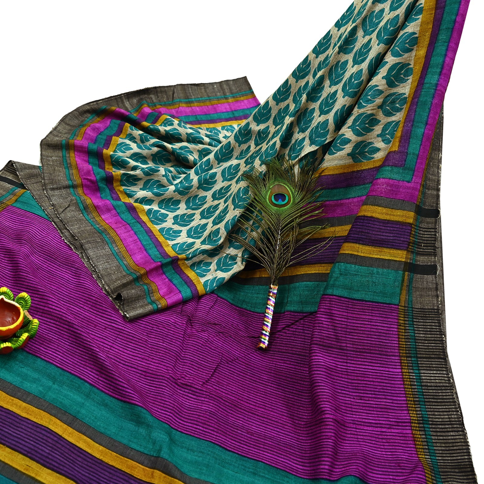 Vintage Heavy Beige & Green Saree Pure Khadi Silk Handloom Sari Craft Fabric 5yd