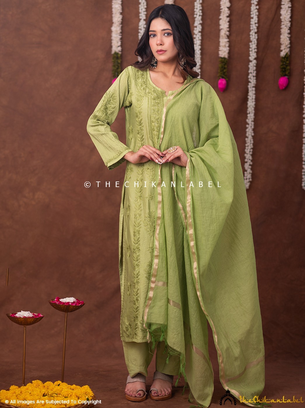 Green Chikankari Kurta Set, Chikankari 3 Piece Set, Women Salwaar Kameez Suit