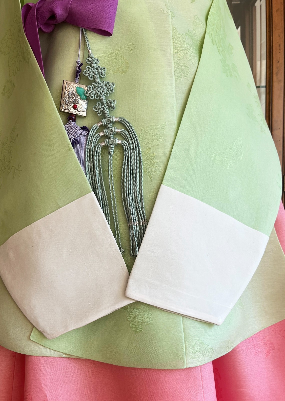 Korean Traditional Dress Dangui Hanbok Set-Green & Peach/Petticoat 2 Norigae Bag