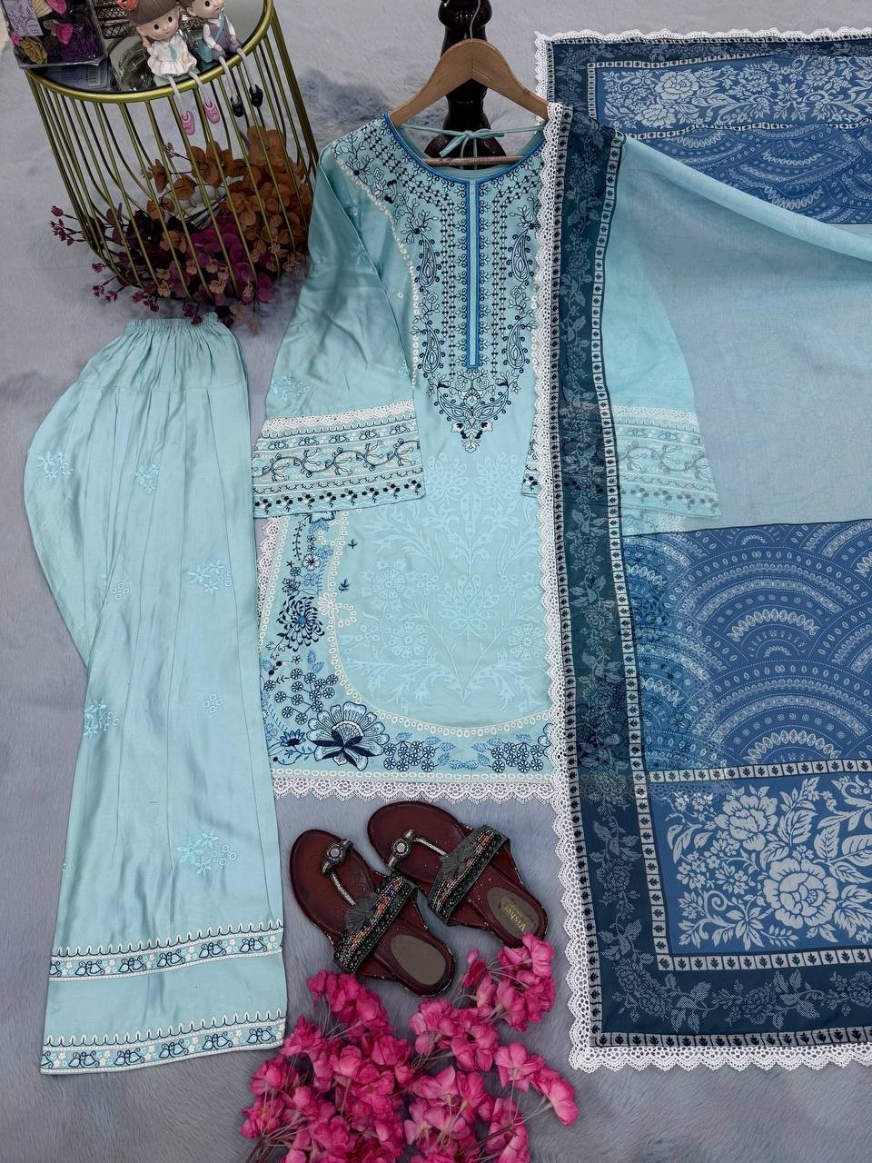 Ready To Wear Sky Blue Satin Rayon Salwar Kameez With Dupatta For Women