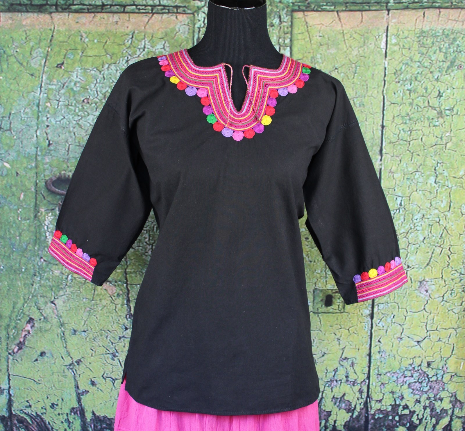 Multi Color & Black Tunic Mayan Fine Hand Embroidery Chamula Mexico Hippie Boho