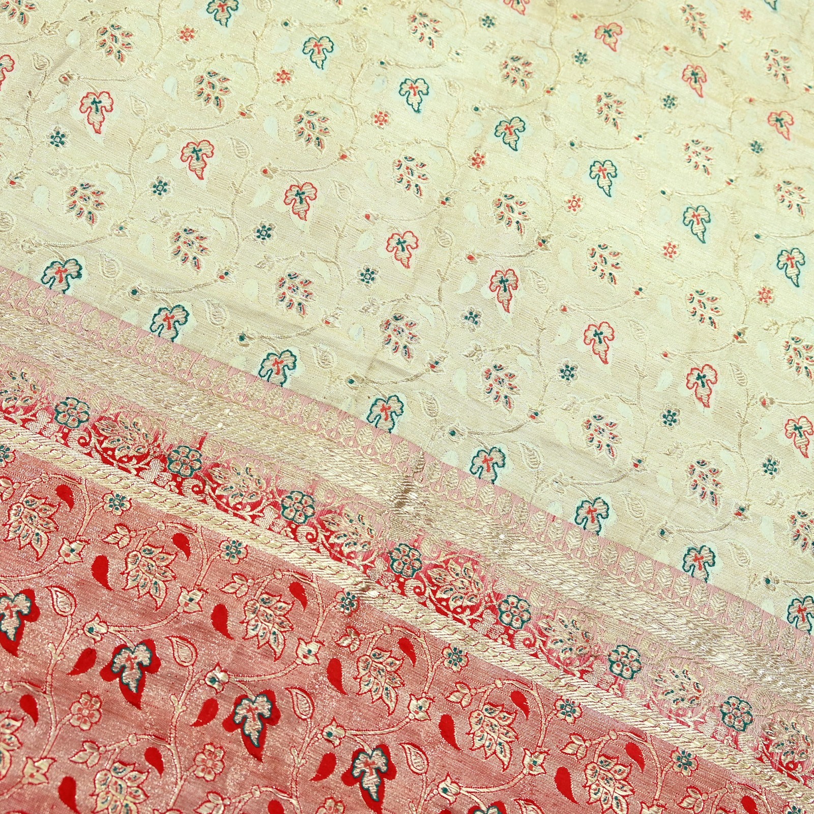 Indian Antique Vintage Heavy Sari Red & White Pure Satin Silk Hand Woven Saree
