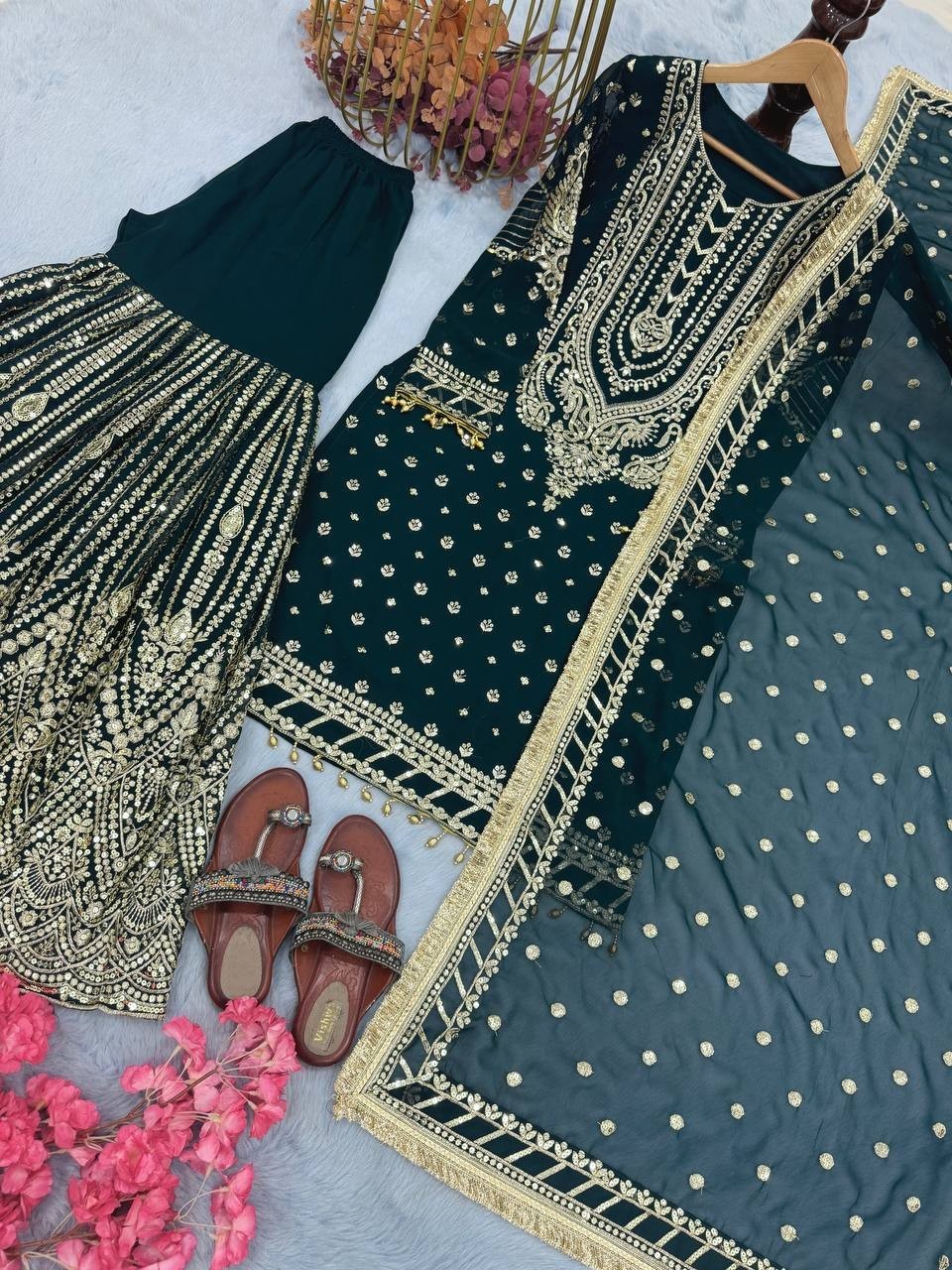 Indian Style Georgette Teal Green Top Sharara With Fancy Dupatta For Wedding