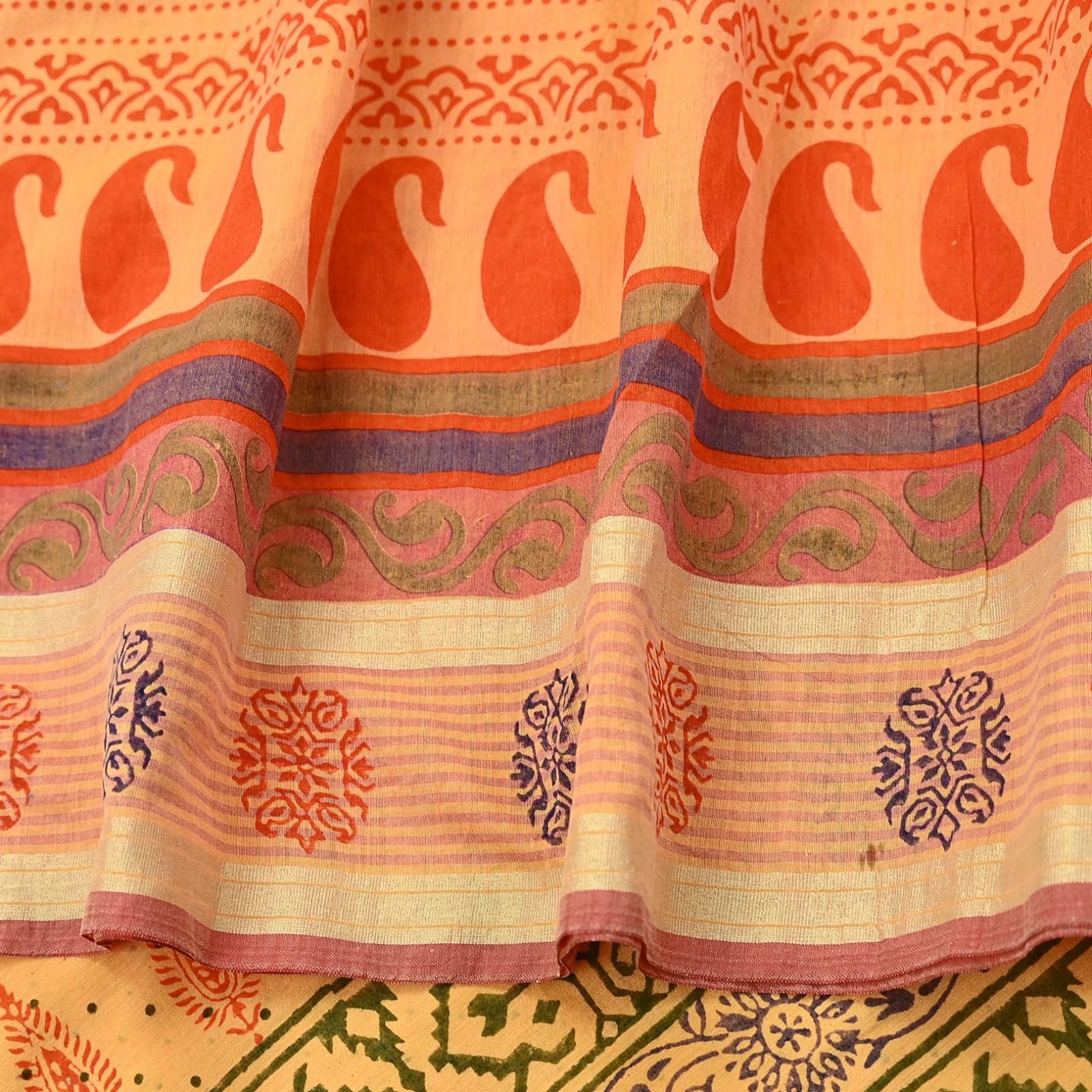 Indian Vintage Yellow Block Printed Pure Chanderi Silk Saree Floral Zari Fabric