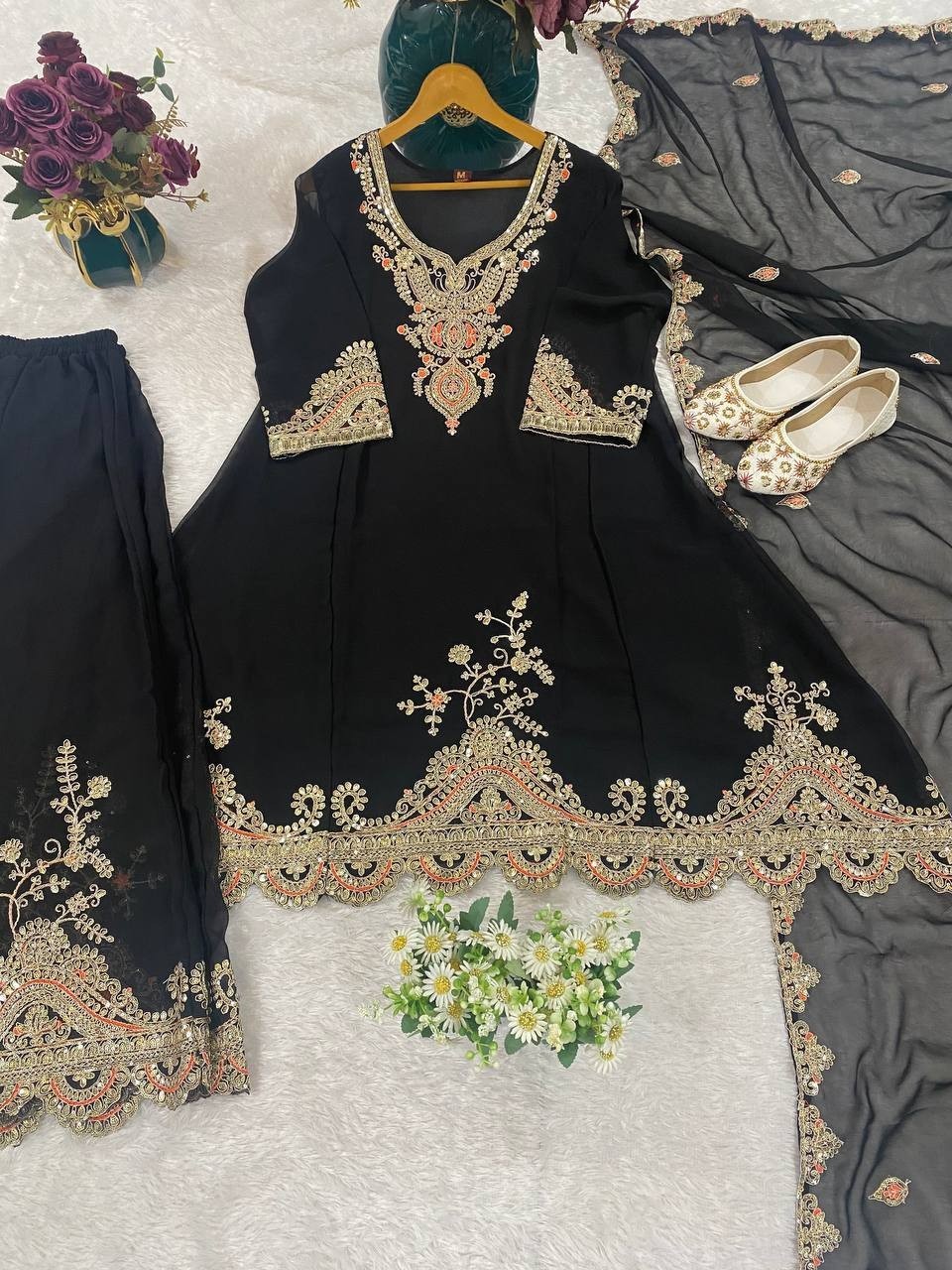 New Launch Black Faux Georgette Kurta Palazzo With Dupatta For Women