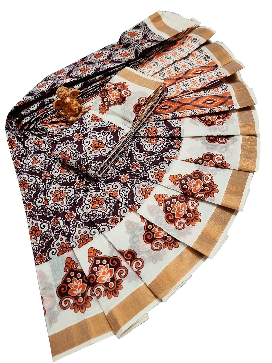 Women’s Kerala Kasavu Printed Saree With Running Blouse