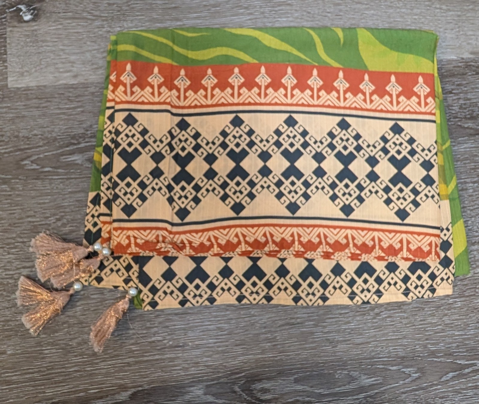 Green Beige Black Orange Cotton Floral Geometric Dupatta with Tassels