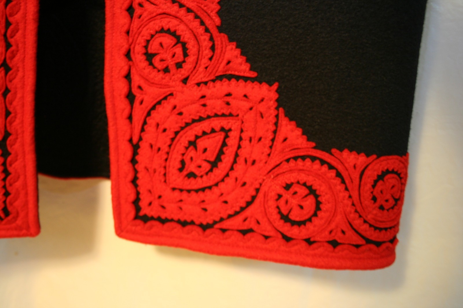 Hungarian Folk Art Embroidered Black & Red Vest with Frog Closure