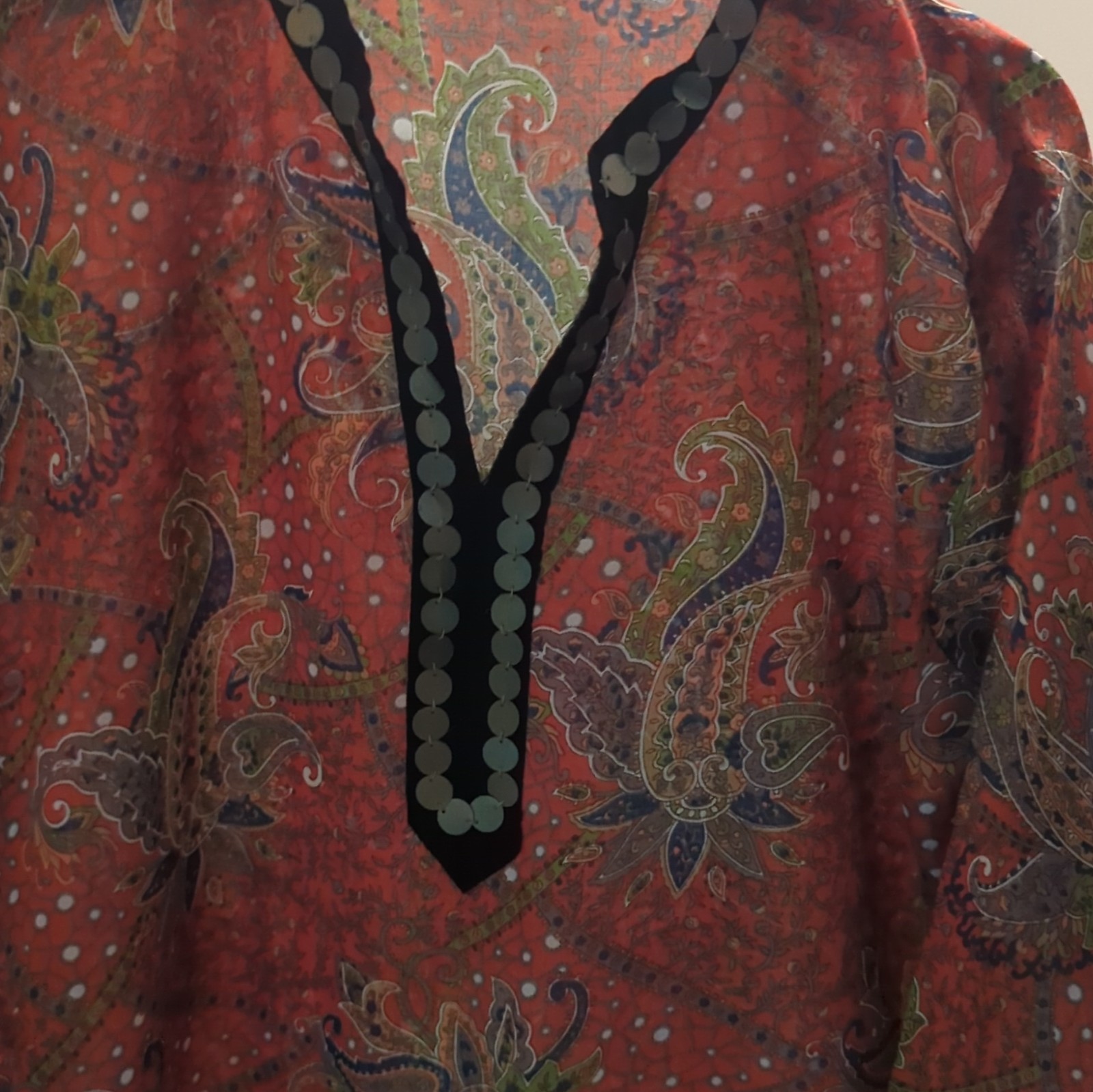 Handmade Women’s Orange red Paisley Kurta Tunic V-Neck Mirror Trim 3/4 Sleeve