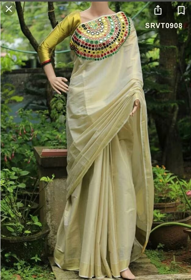 Kerala Golden tissue Mirror handwork saree, Indian traditional, Handmade designs
