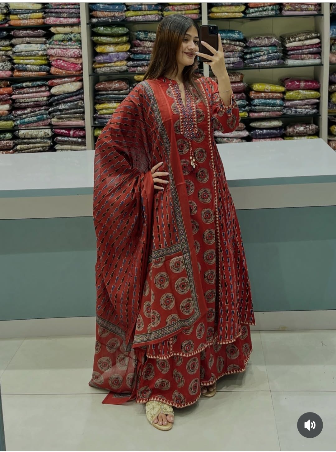 Women’s Cotton Printed Kurta Pant Dupatta Set 3 Piece Ethnic Suit Black Red