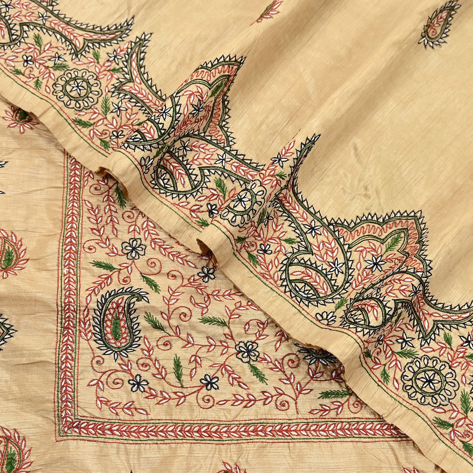 Indian Vintage Sari Beige Artificial Silk Hand Embroidered Sarees Craft Fabric 5