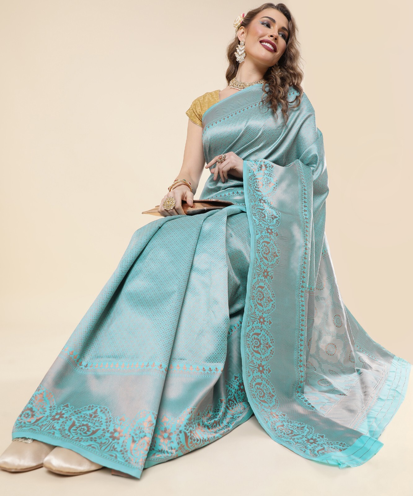 Areca Designer Barcade Sky Bindi Silk saree blouses women Saree Cut – 5.5 Meter