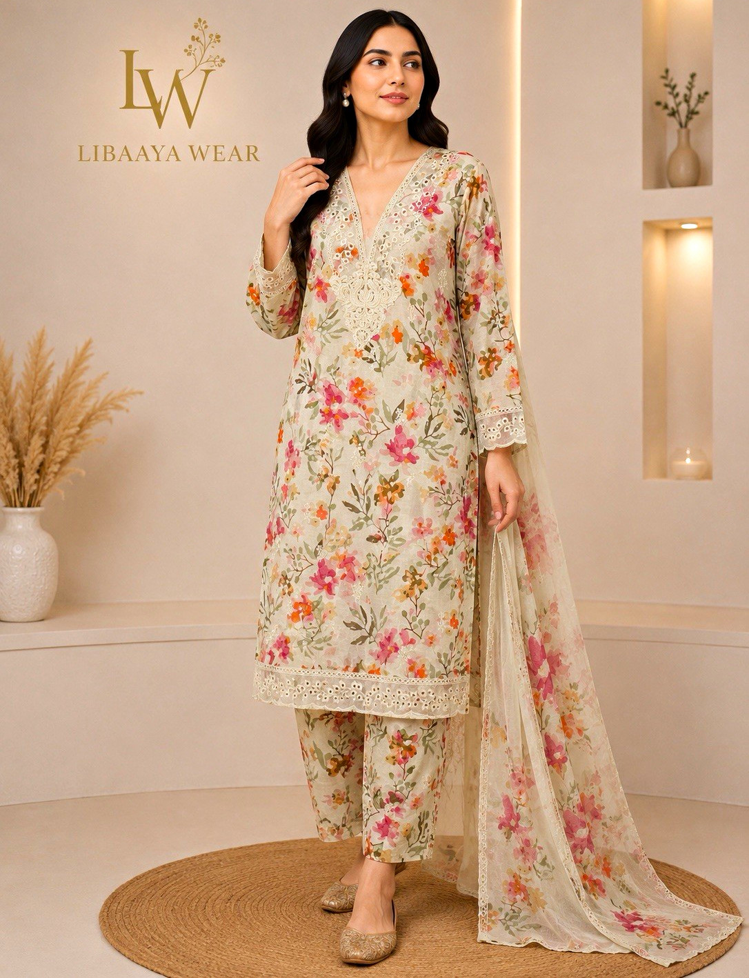 LIBAAYA Wear Women’s 3-Piece Lawn Salwar Kameez Dupatta Cream Floral L
